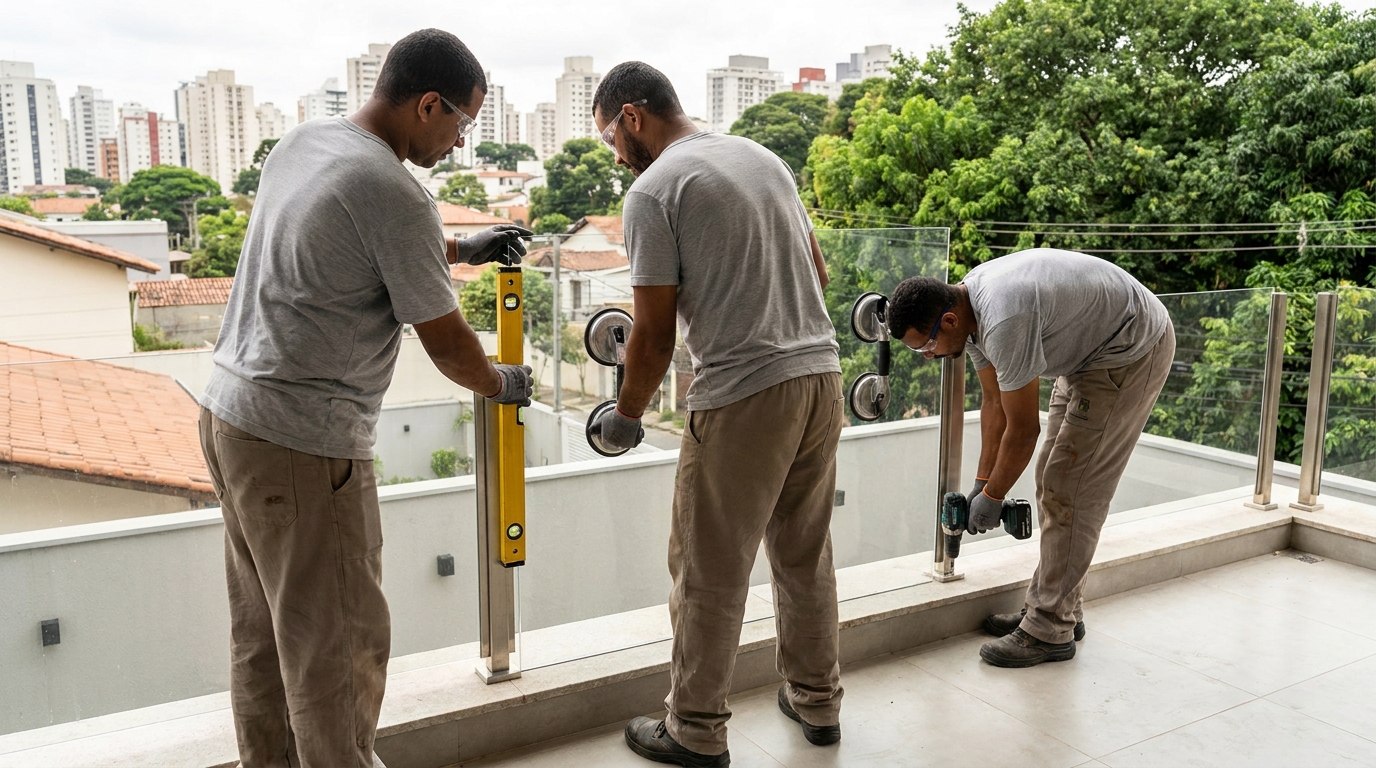 Guarda-corpo em terraço alto com vista cidade em Limeira-SP