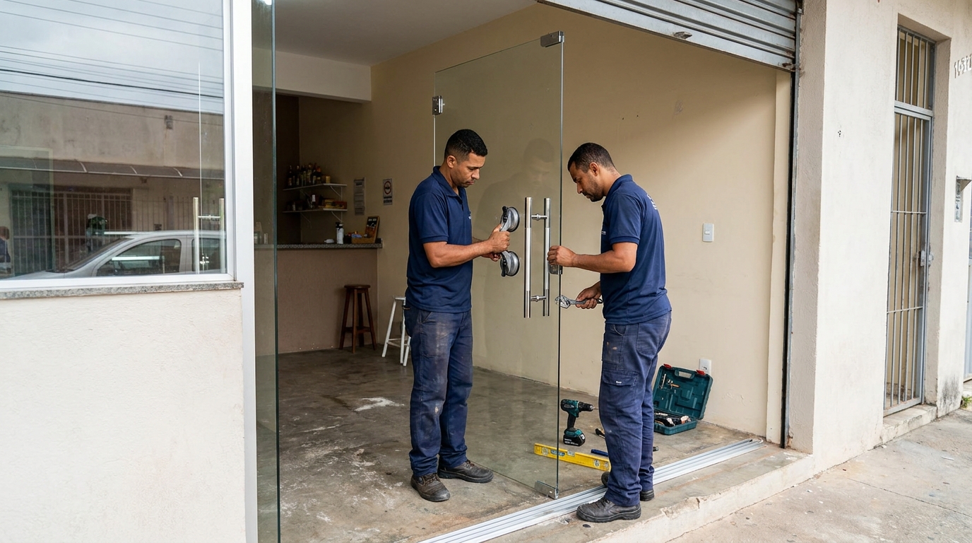 Dupla instalando porta de vidro em loja em Limeira-SP
