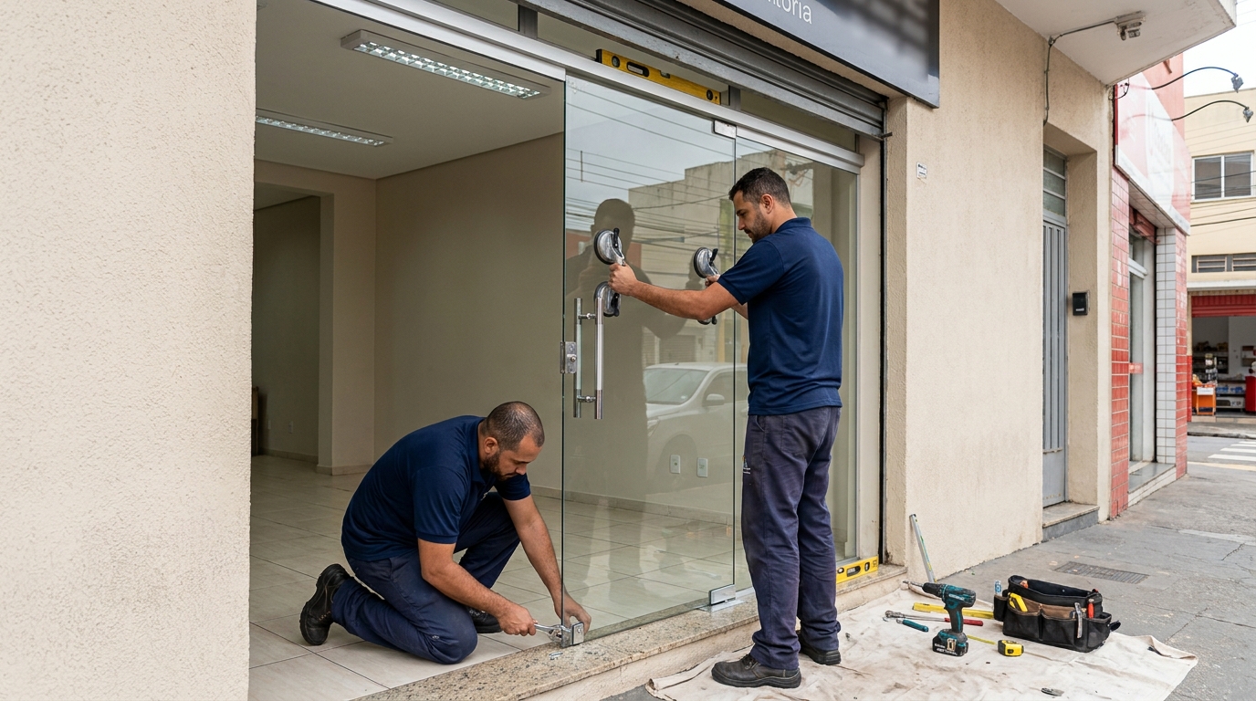 Porta de vidro com puxador inox em Limeira-SP